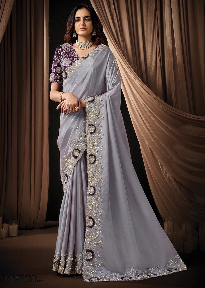Pale Purple Uppada Silk Saree with Intricate Sequin & Stone Work
