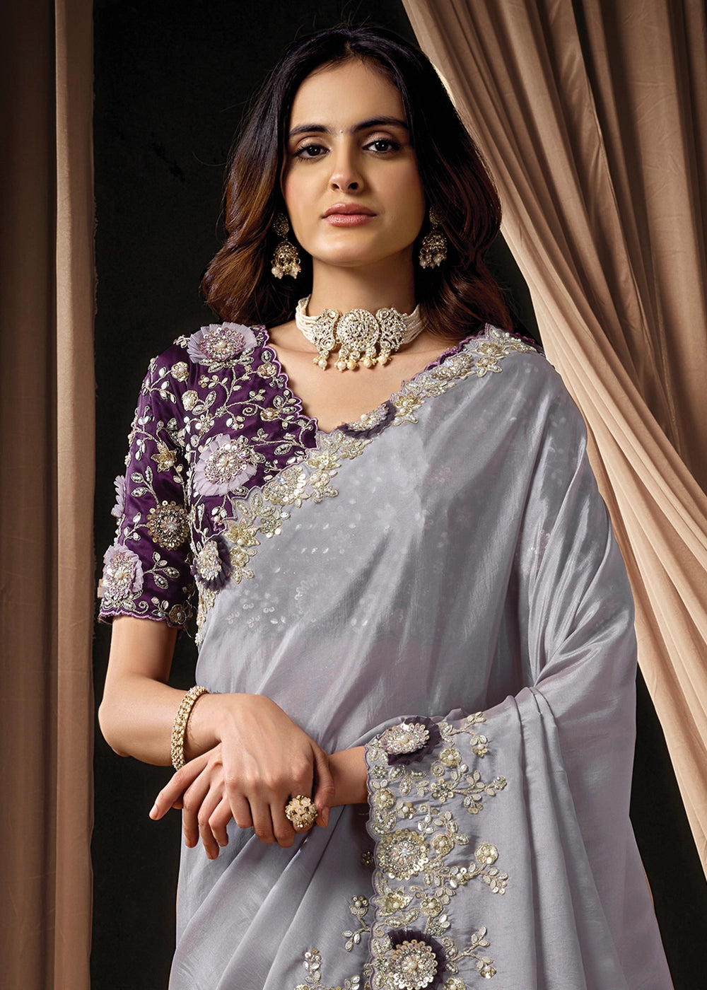 Pale Purple Uppada Silk Saree with Intricate Sequin & Stone Work