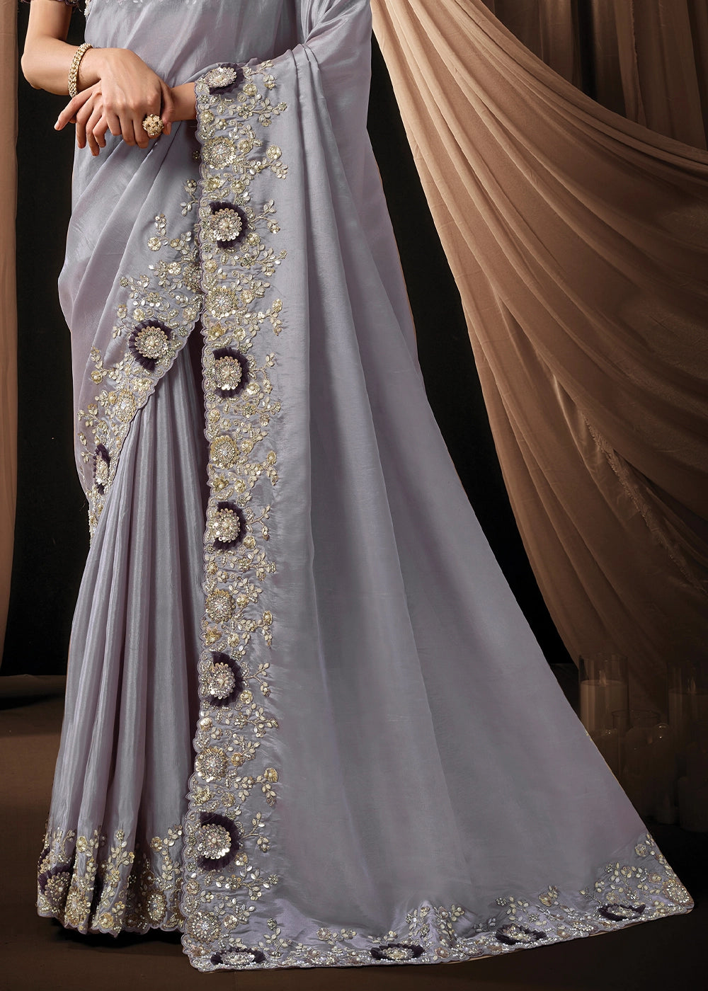 Pale Purple Uppada Silk Saree with Intricate Sequin & Stone Work