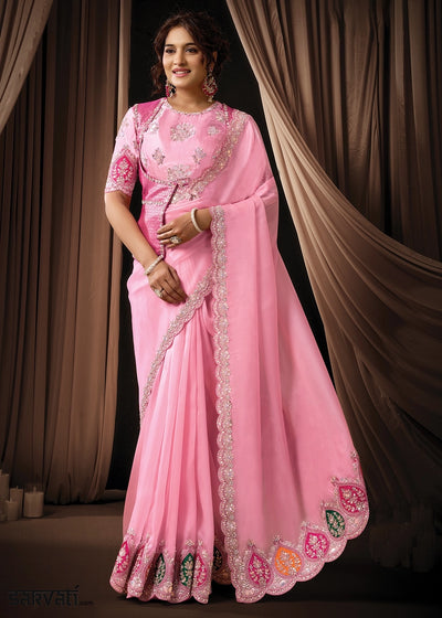 Creamy Pink Tissue Organza Saree with Sequin,Stones & Thread Work