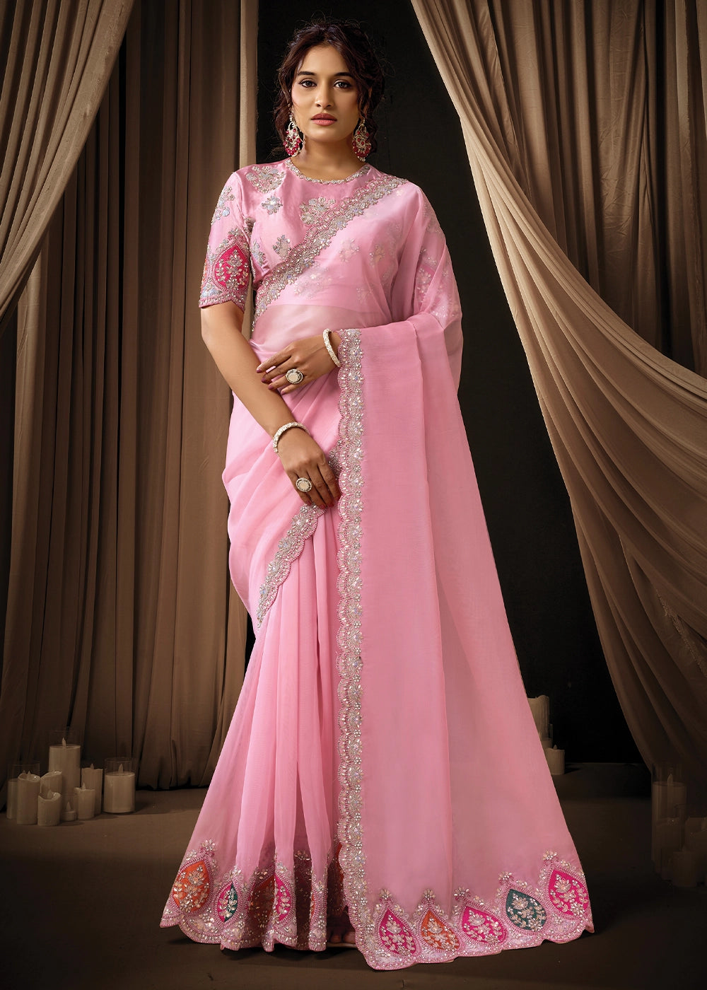 Creamy Pink Tissue Organza Saree with Sequin,Stones & Thread Work