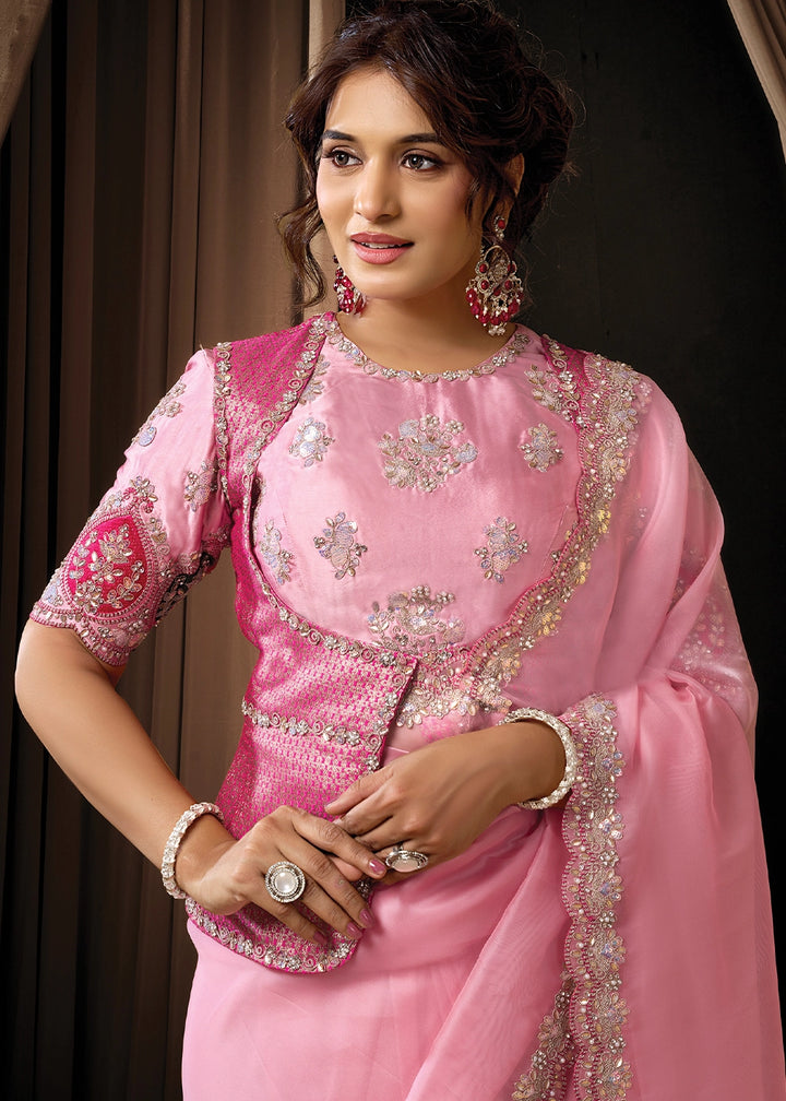 Creamy Pink Tissue Organza Saree with Sequin,Stones & Thread Work