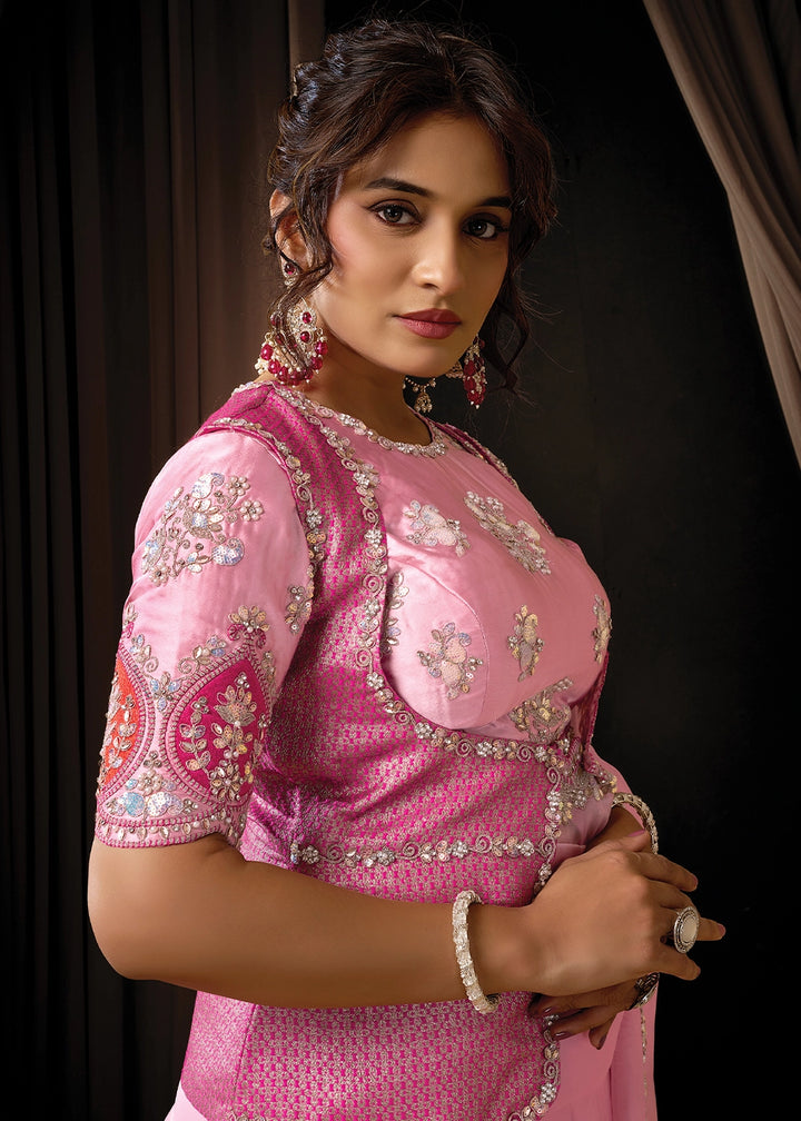 Creamy Pink Tissue Organza Saree with Sequin,Stones & Thread Work