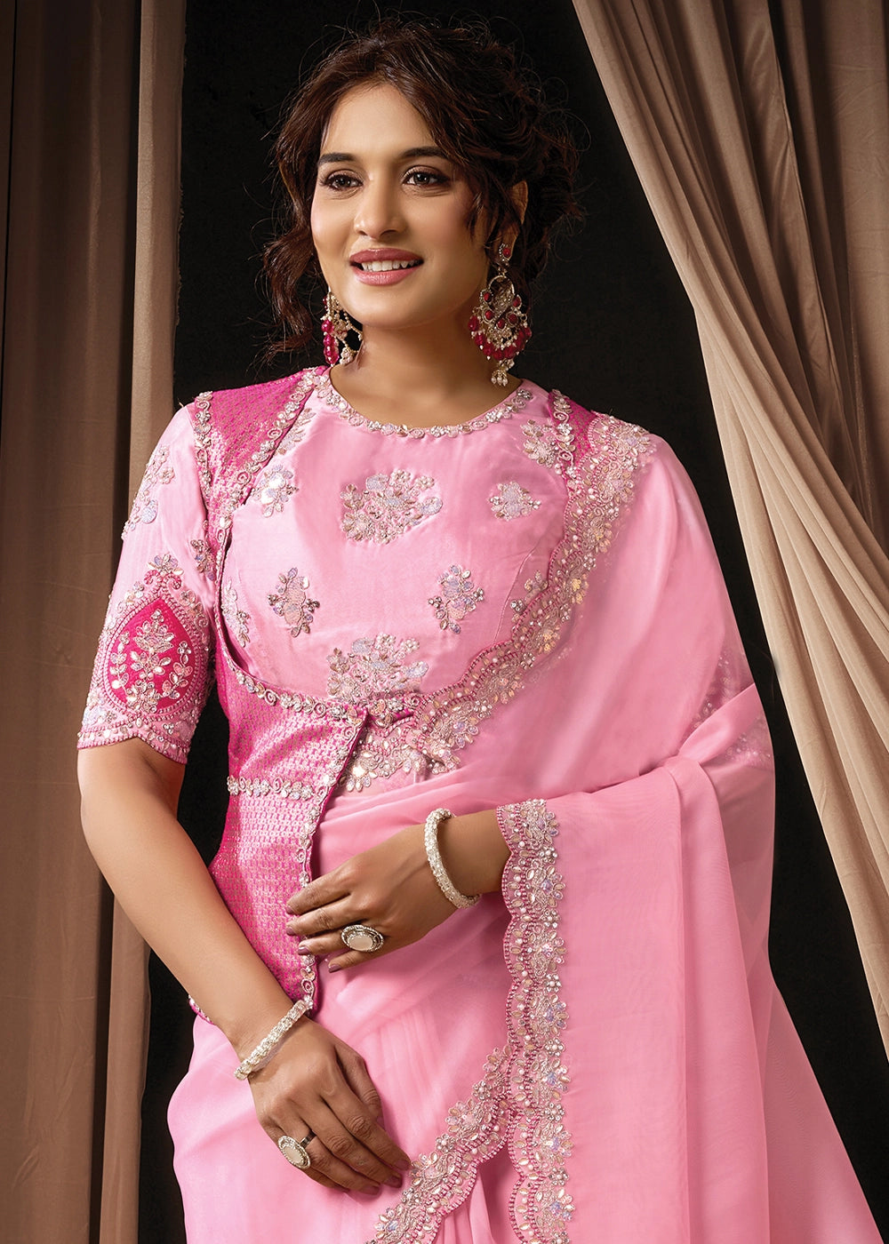 Creamy Pink Tissue Organza Saree with Sequin,Stones & Thread Work
