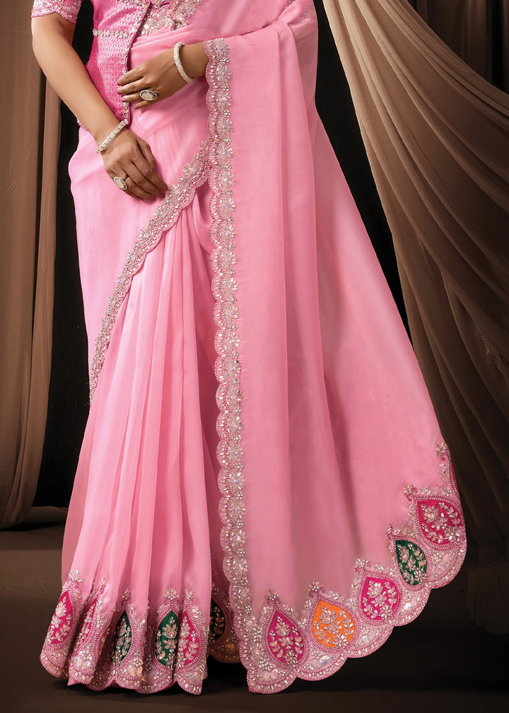 Creamy Pink Tissue Organza Saree with Sequin,Stones & Thread Work