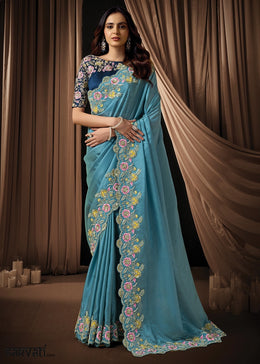 Electric Blue Uppada Silk Saree with Floral Thread Detailing