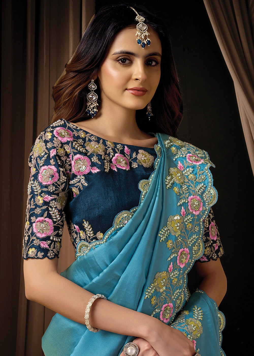 Electric Blue Uppada Silk Saree with Floral Thread Detailing