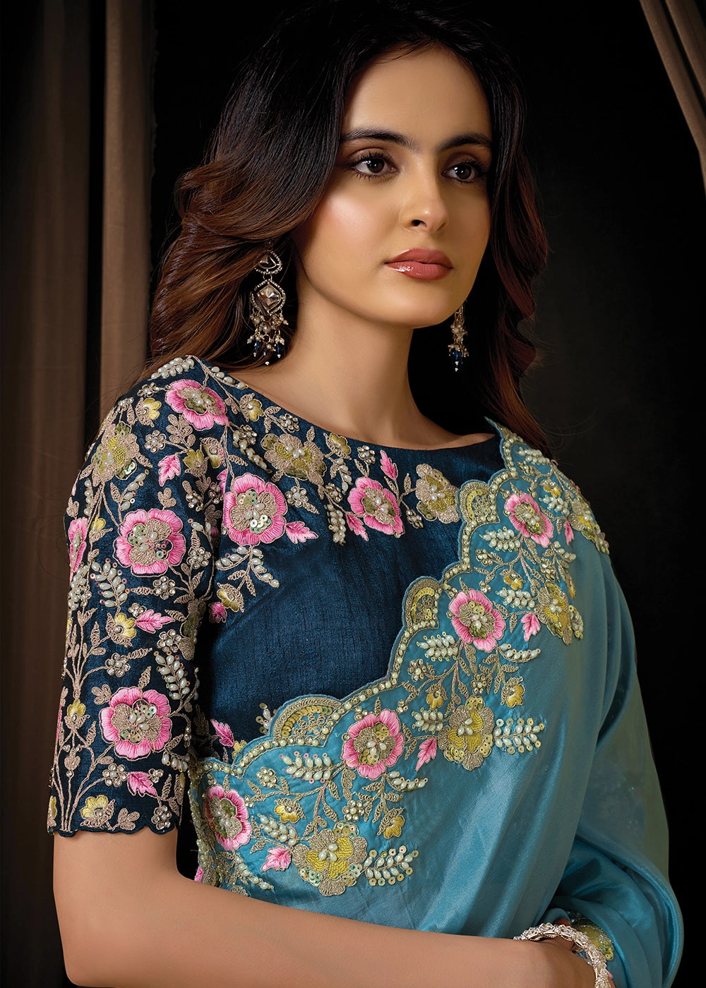 Electric Blue Uppada Silk Saree with Floral Thread Detailing