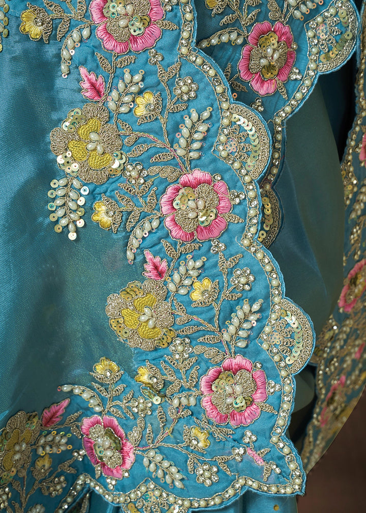 Electric Blue Uppada Silk Saree with Floral Thread Detailing