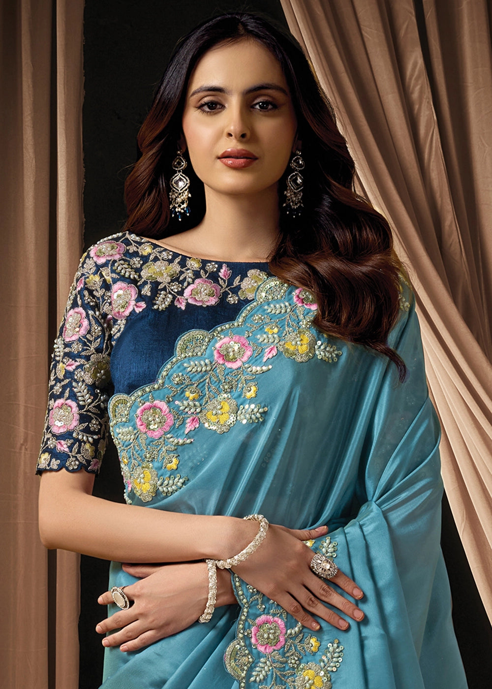 Electric Blue Uppada Silk Saree with Floral Thread Detailing