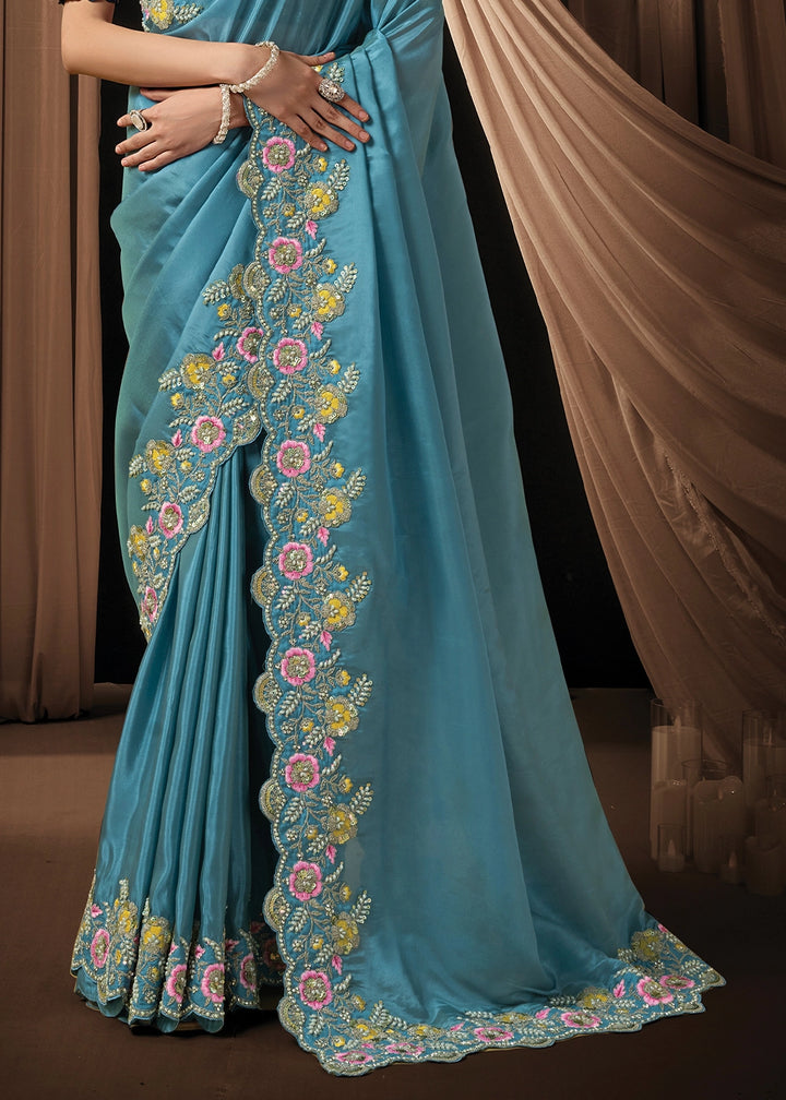 Electric Blue Uppada Silk Saree with Floral Thread Detailing