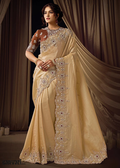 Beige Brown Jacquard Silk with Intricate Sequin & Pearls Work