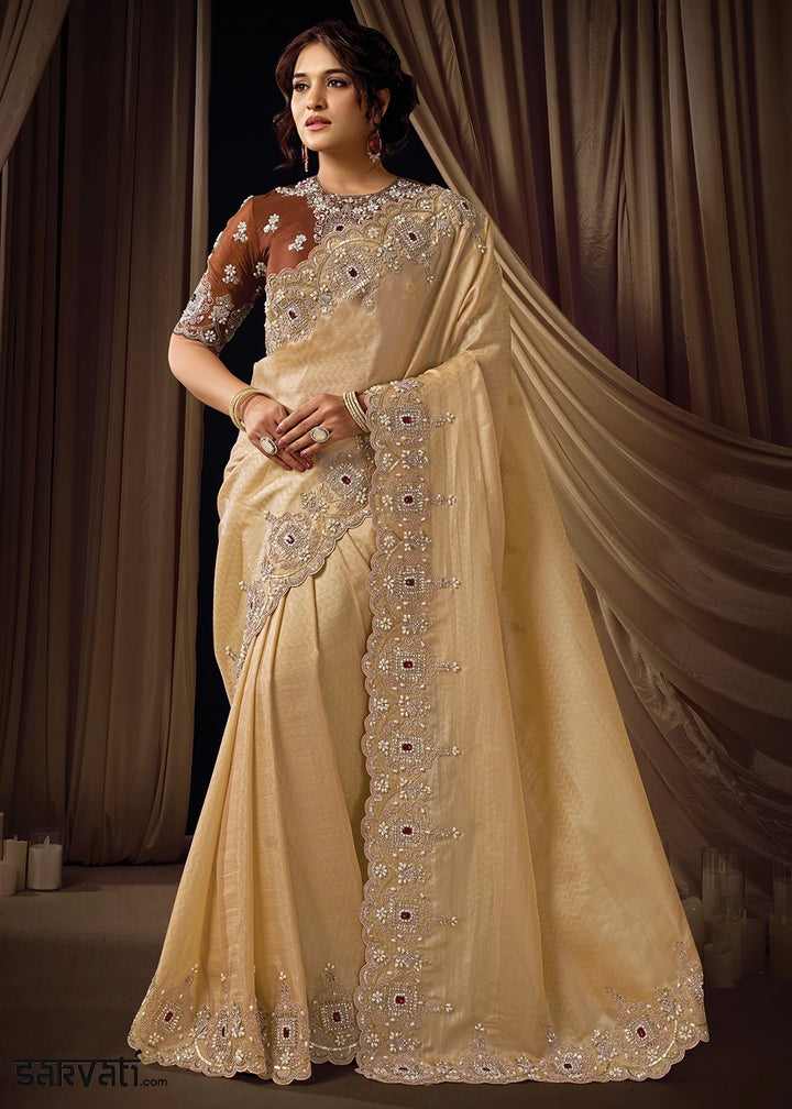 Beige Brown Jacquard Silk with Intricate Sequin & Pearls Work