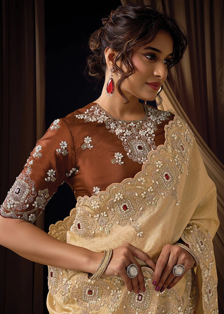 Beige Brown Jacquard Silk with Intricate Sequin & Pearls Work