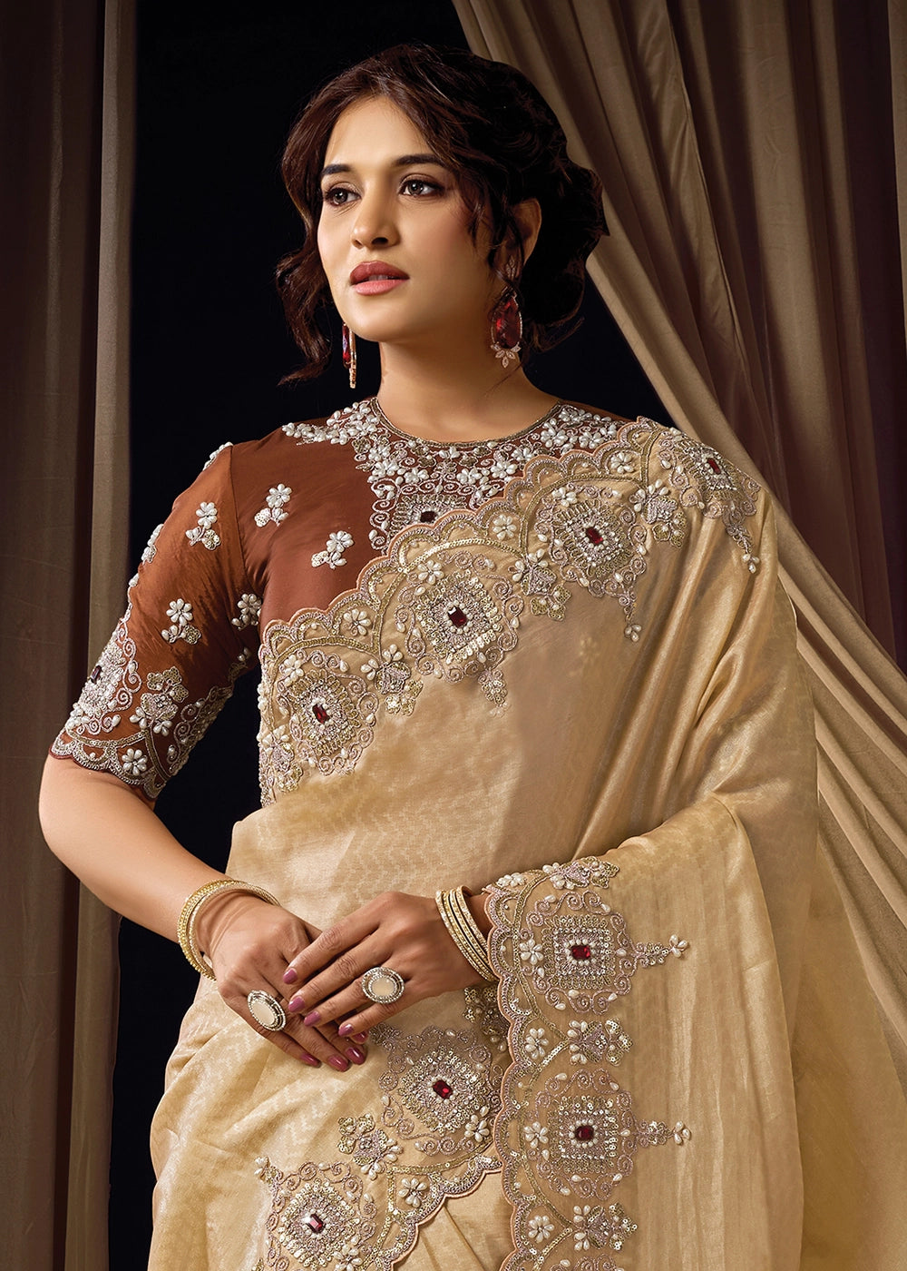 Beige Brown Jacquard Silk with Intricate Sequin & Pearls Work
