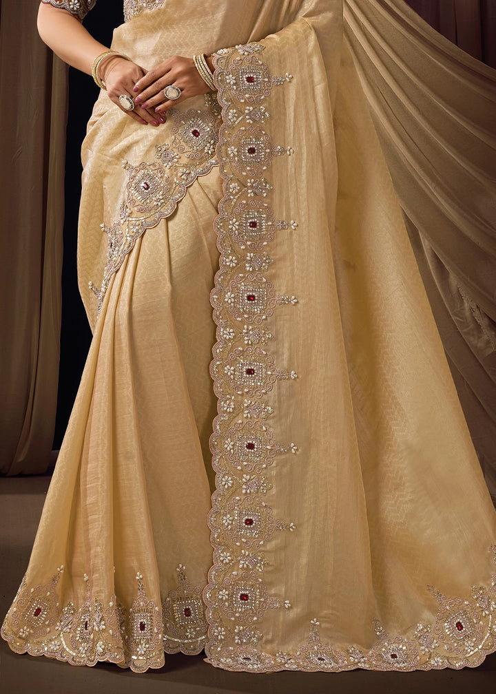 Beige Brown Jacquard Silk with Intricate Sequin & Pearls Work