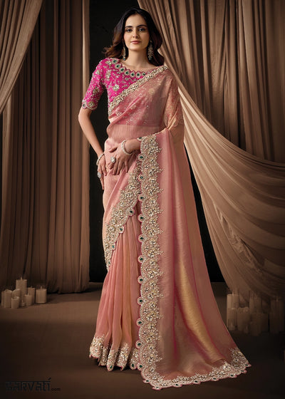 Shades Of Pink Zari Organza Satin Saree with Intricate Sequin & Pearls Work