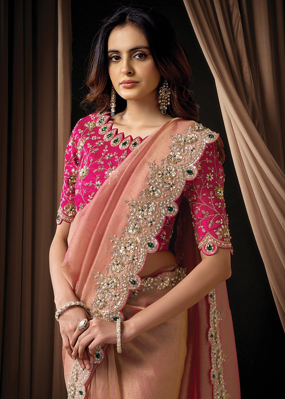 Shades Of Pink Zari Organza Satin Saree with Intricate Sequin & Pearls Work