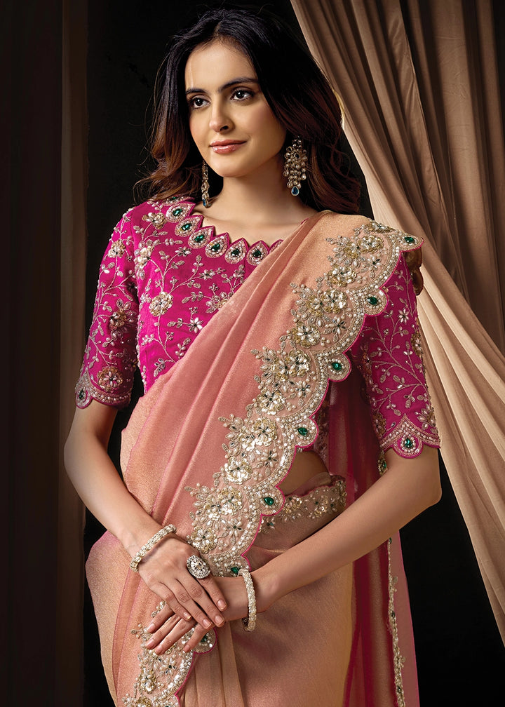 Shades Of Pink Zari Organza Satin Saree with Intricate Sequin & Pearls Work