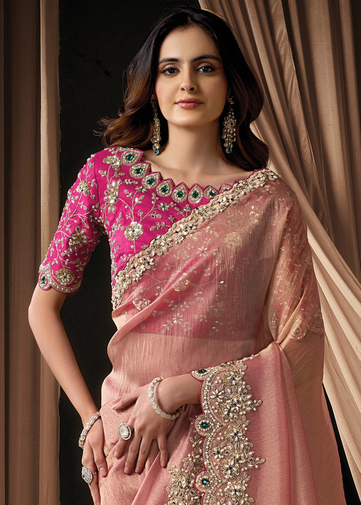 Shades Of Pink Zari Organza Satin Saree with Intricate Sequin & Pearls Work