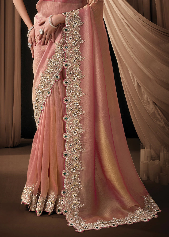 Shades Of Pink Zari Organza Satin Saree with Intricate Sequin & Pearls Work