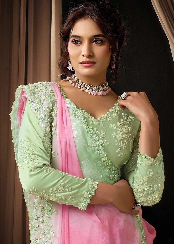 Bubblegum Pink Soft Georgette Saree with Intricate Sequin & Pearls Work