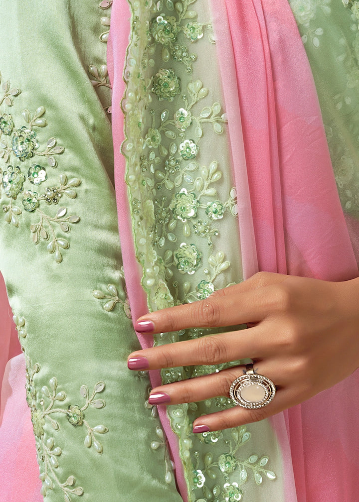 Bubblegum Pink Soft Georgette Saree with Intricate Sequin & Pearls Work