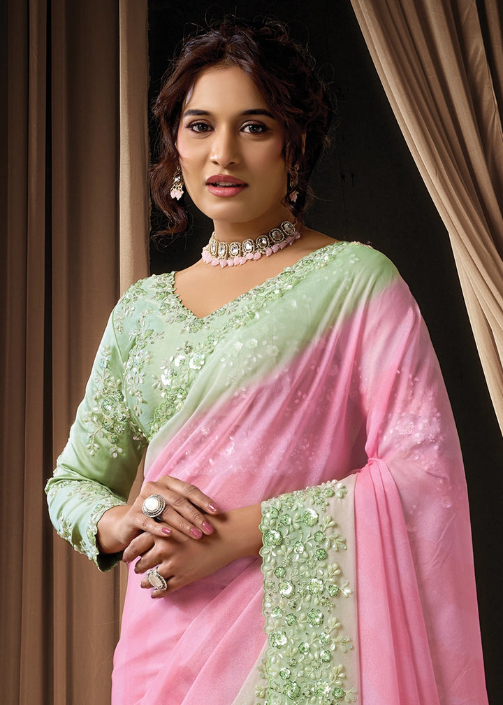 Bubblegum Pink Soft Georgette Saree with Intricate Sequin & Pearls Work