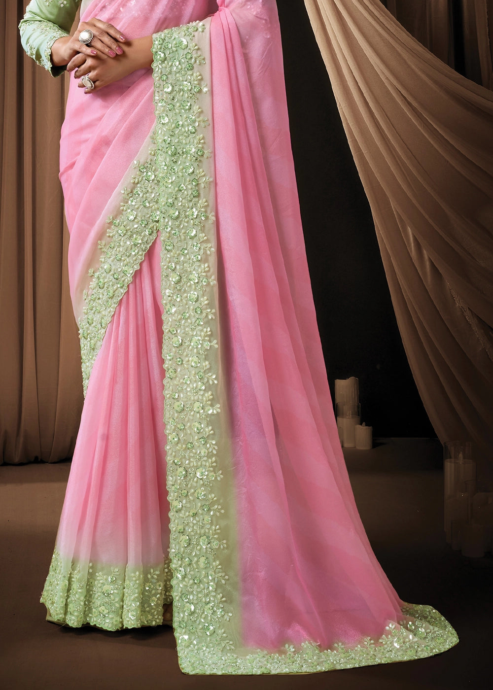 Bubblegum Pink Soft Georgette Saree with Intricate Sequin & Pearls Work