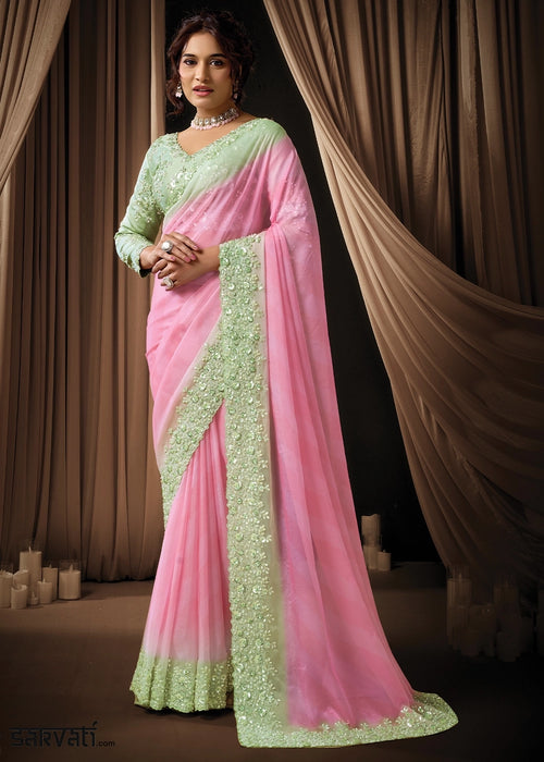 Bubblegum Pink Soft Georgette Saree with Intricate Sequin & Pearls Work