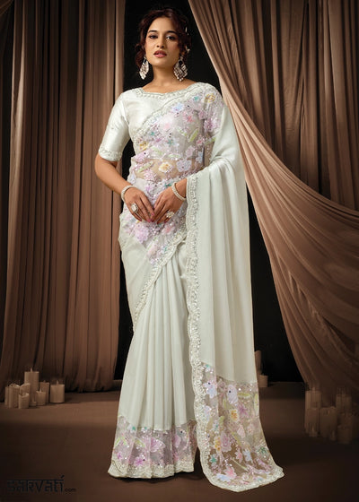 Cream White Satin Silk Saree with Sequins & Beads Embellished