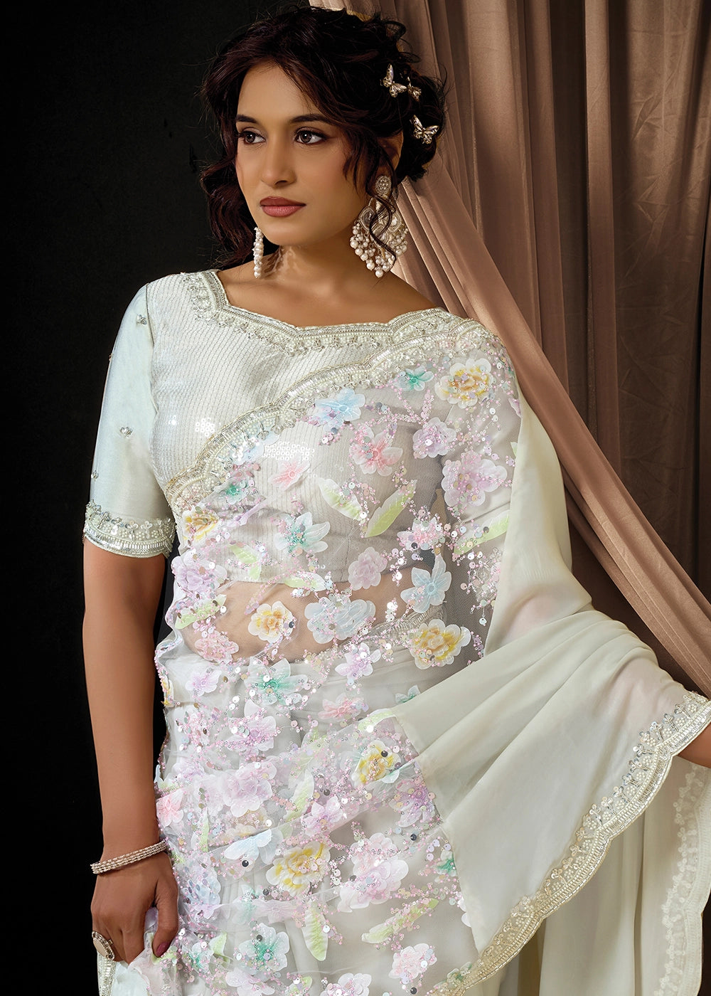 Cream White Satin Silk Saree with Sequins & Beads Embellished