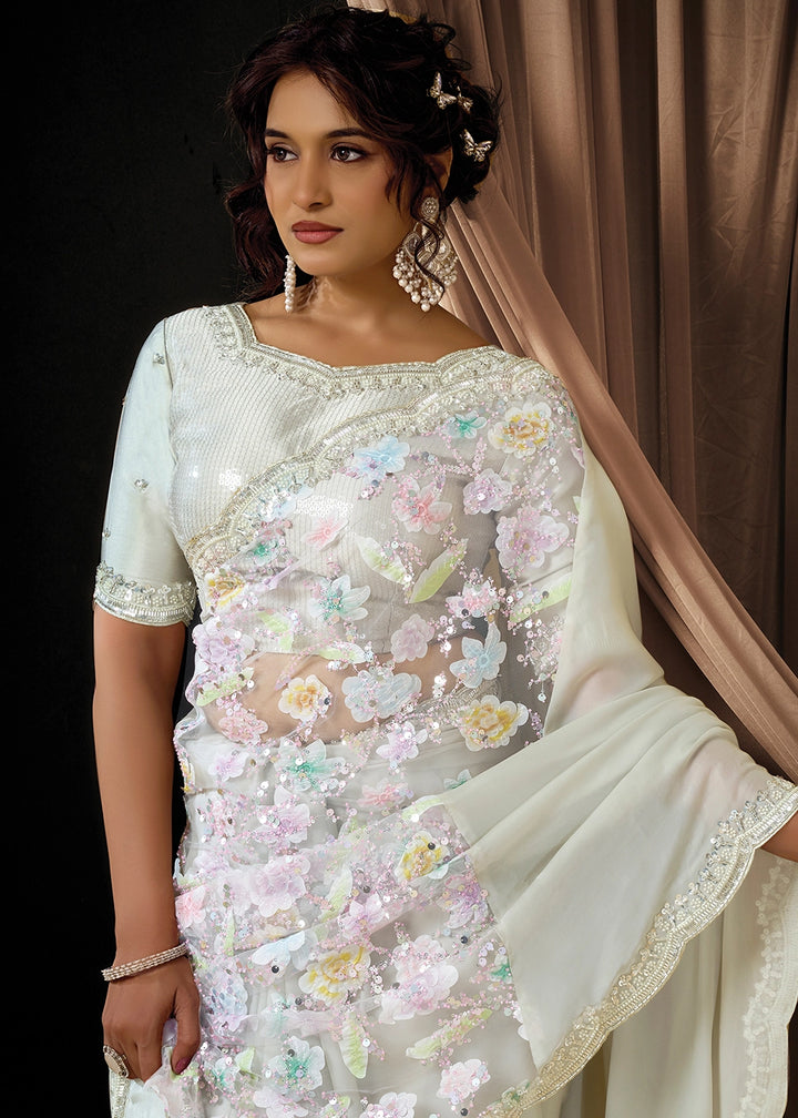 Cream White Satin Silk Saree with Sequins & Beads Embellished