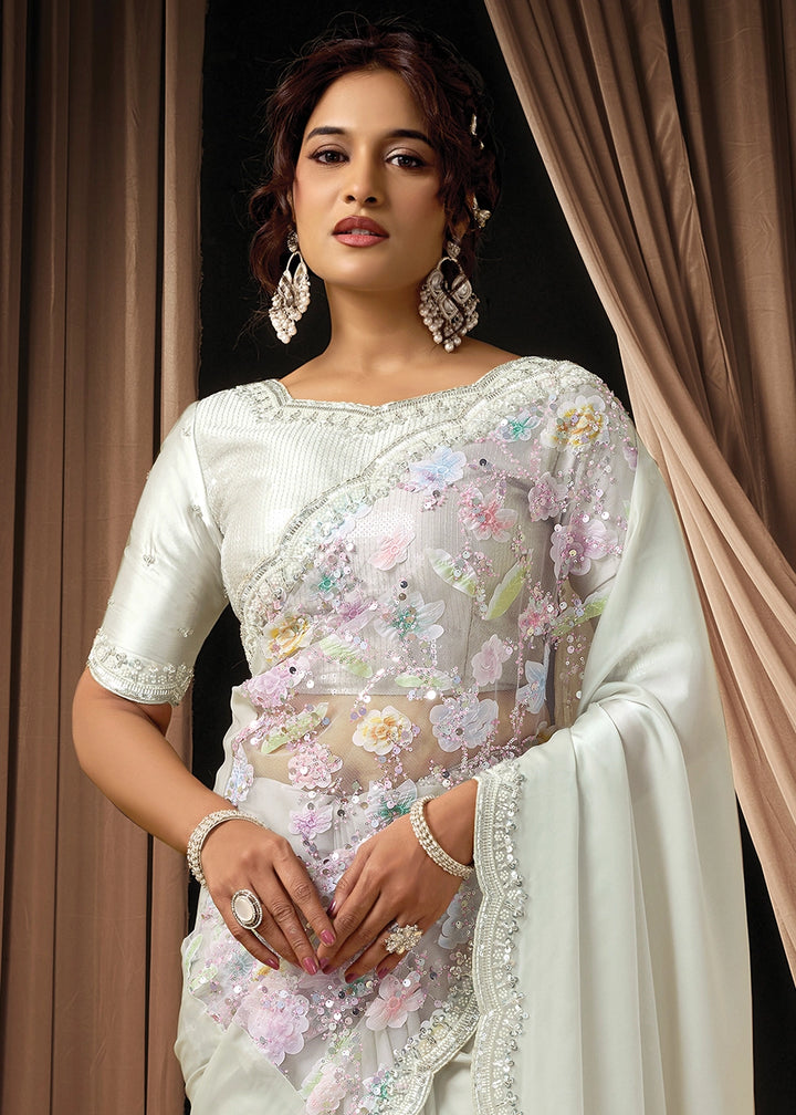 Cream White Satin Silk Saree with Sequins & Beads Embellished