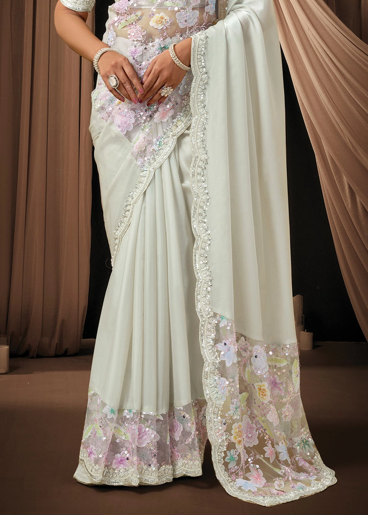 Cream White Satin Silk Saree with Sequins & Beads Embellished