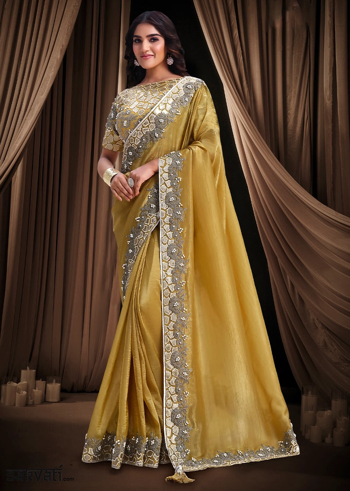 Mustard Yellow Banarasi Crush Silk Saree with Intricate Embroidery work