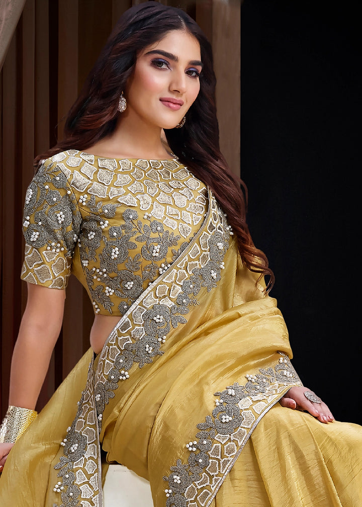 Mustard Yellow Banarasi Crush Silk Saree with Intricate Embroidery work