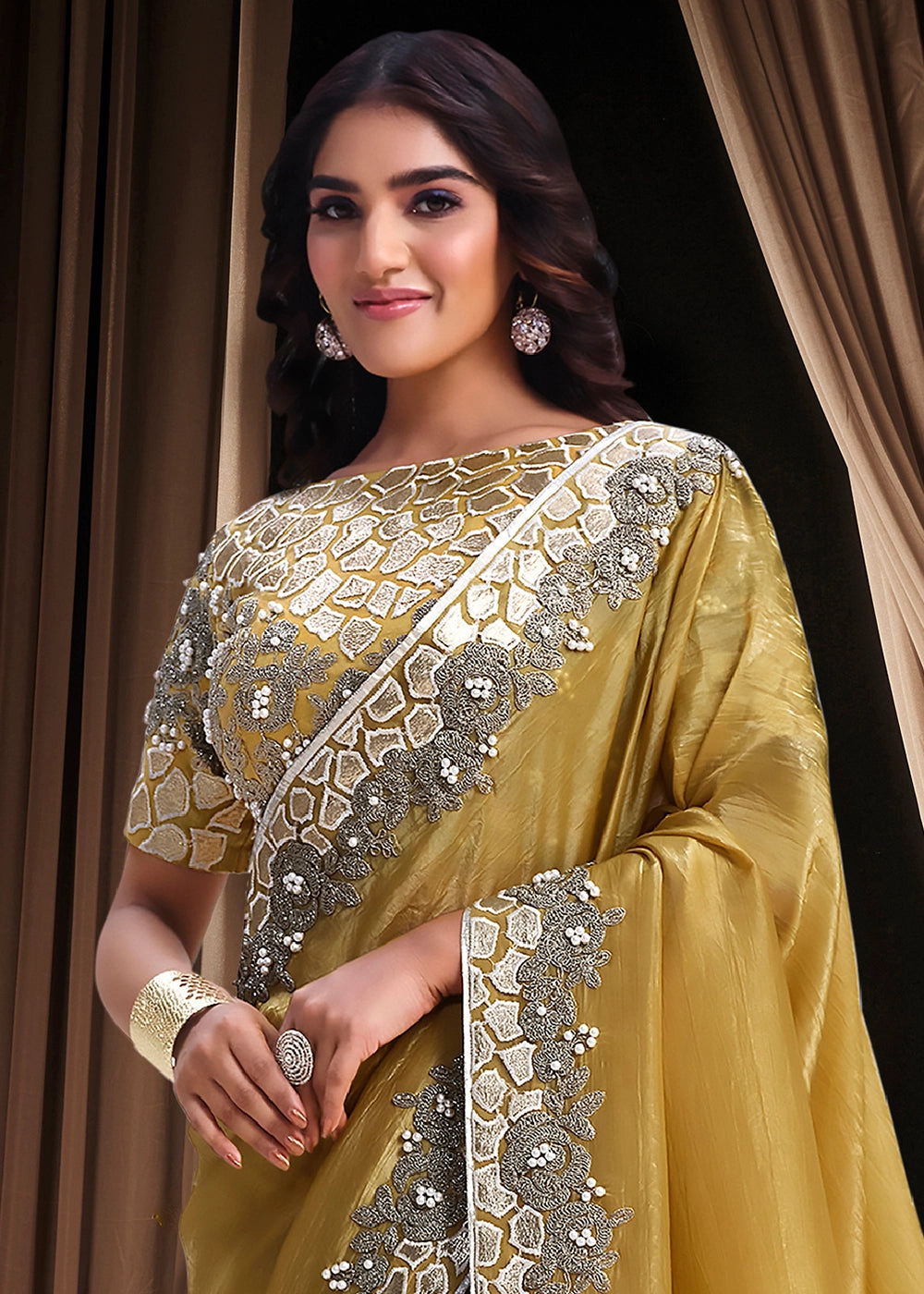 Mustard Yellow Banarasi Crush Silk Saree with Intricate Embroidery work