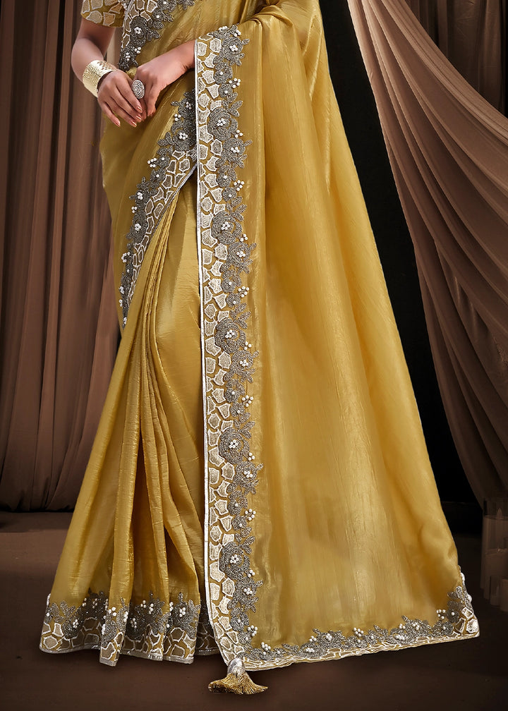 Mustard Yellow Banarasi Crush Silk Saree with Intricate Embroidery work