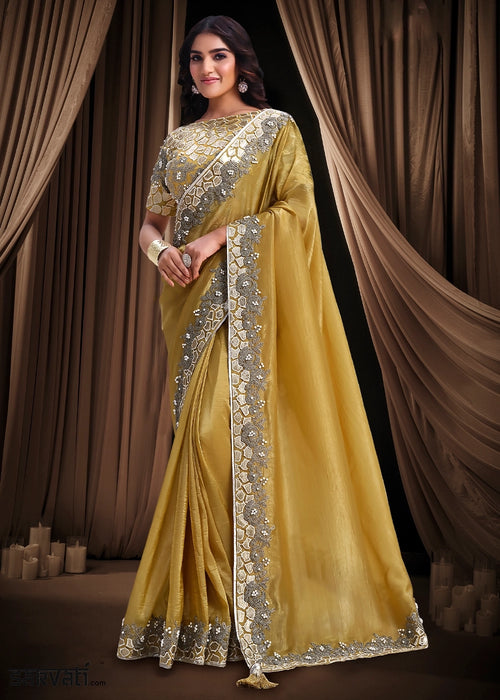 Mustard Yellow Banarasi Crush Silk Saree with Intricate Embroidery work