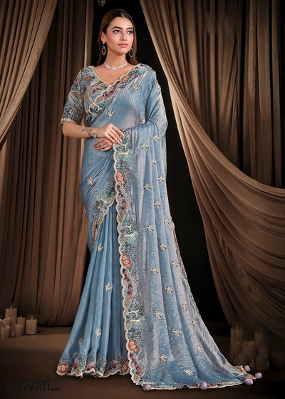 Tones of Blue Satin Silk Couture Saree with Embroidery