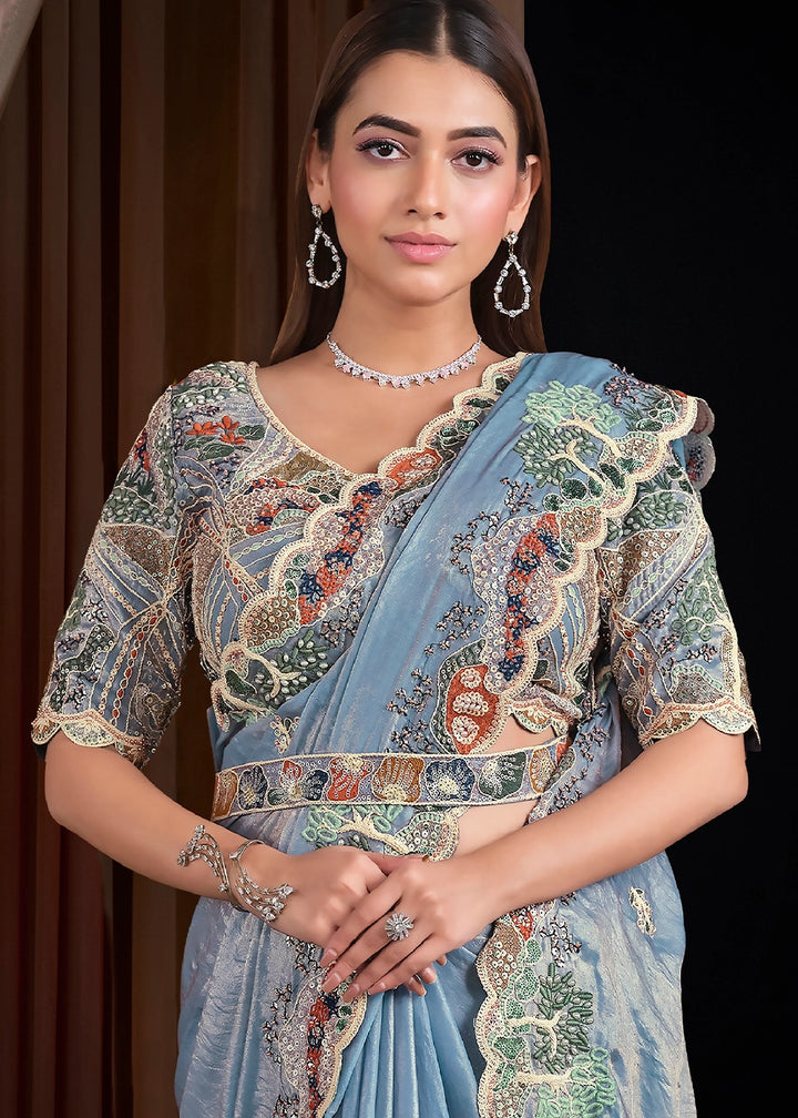 Tones of Blue Satin Silk Couture Saree with Embroidery
