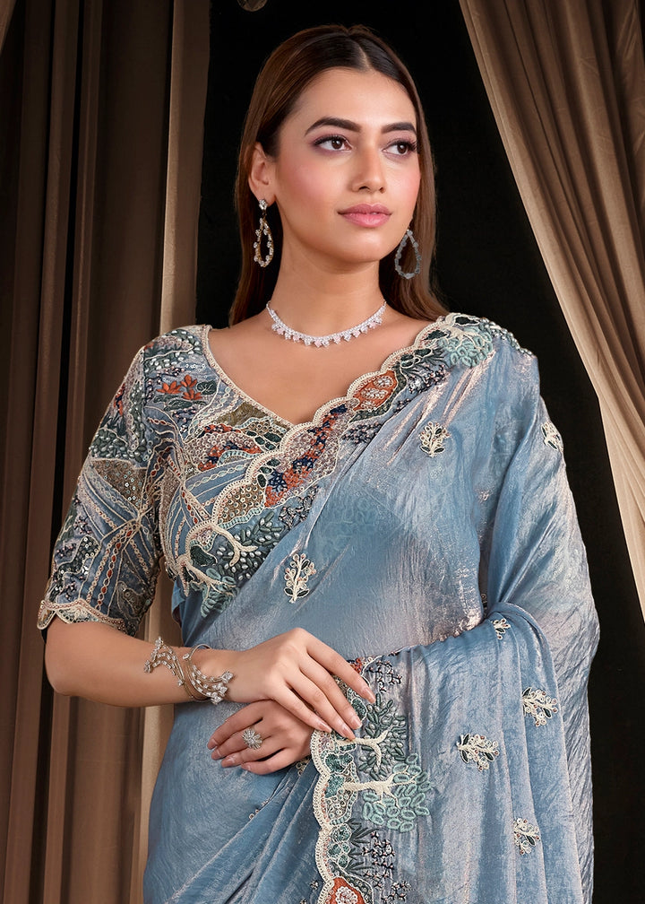 Tones of Blue Satin Silk Couture Saree with Embroidery