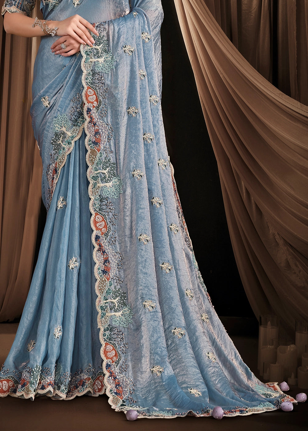 Tones of Blue Satin Silk Couture Saree with Embroidery