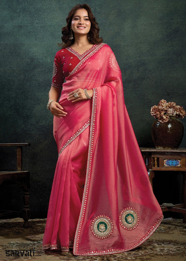 Shades Of Pink Zari Organza Silk Saree with Sequins & Stone Embroidery