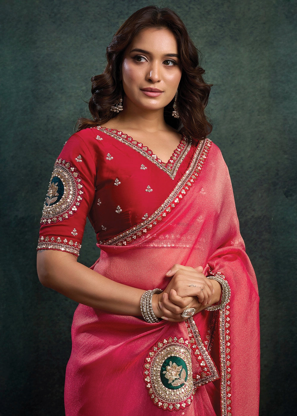 Shades Of Pink Zari Organza Silk Saree with Sequins & Stone Embroidery