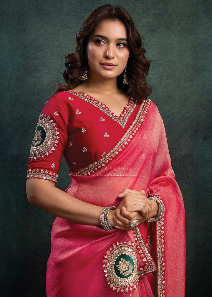 Shades Of Pink Zari Organza Silk Saree with Sequins & Stone Embroidery