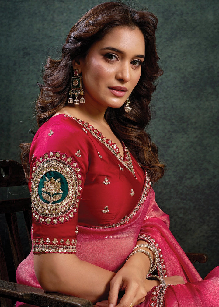 Shades Of Pink Zari Organza Silk Saree with Sequins & Stone Embroidery