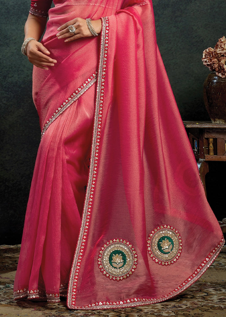 Shades Of Pink Zari Organza Silk Saree with Sequins & Stone Embroidery