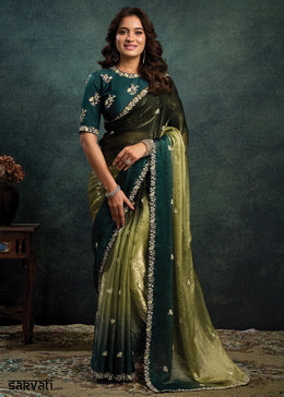 Shades Of Green Satin Silk Saree with Sequins & Stone Embroidery